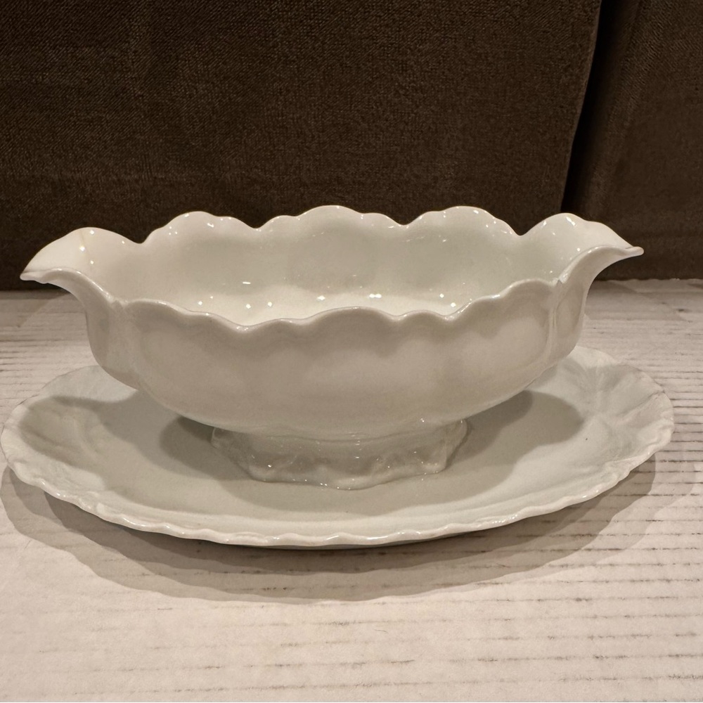 Haviland White Porcelain Scalloped Gravy Boat with Saucer